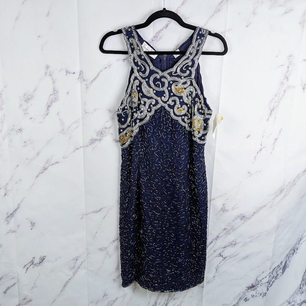Deadstock Laurence Kazar Silk Beaded Cocktail Dress 1980s Dark Navy Blue Size L